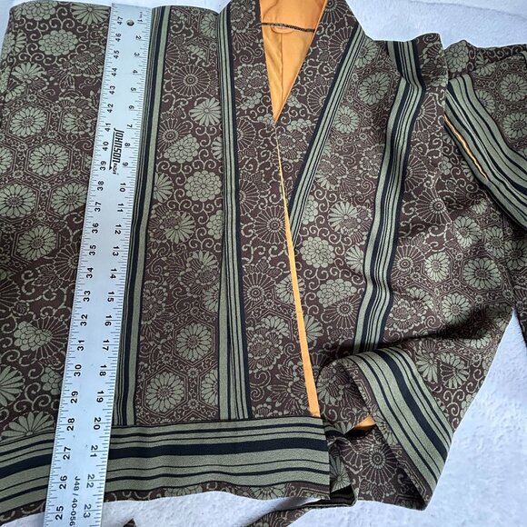 Japanese Kimono Jacket Womens Brown Green Floral Stripe Pattern Boho Lightweight - Picture 7 of 7